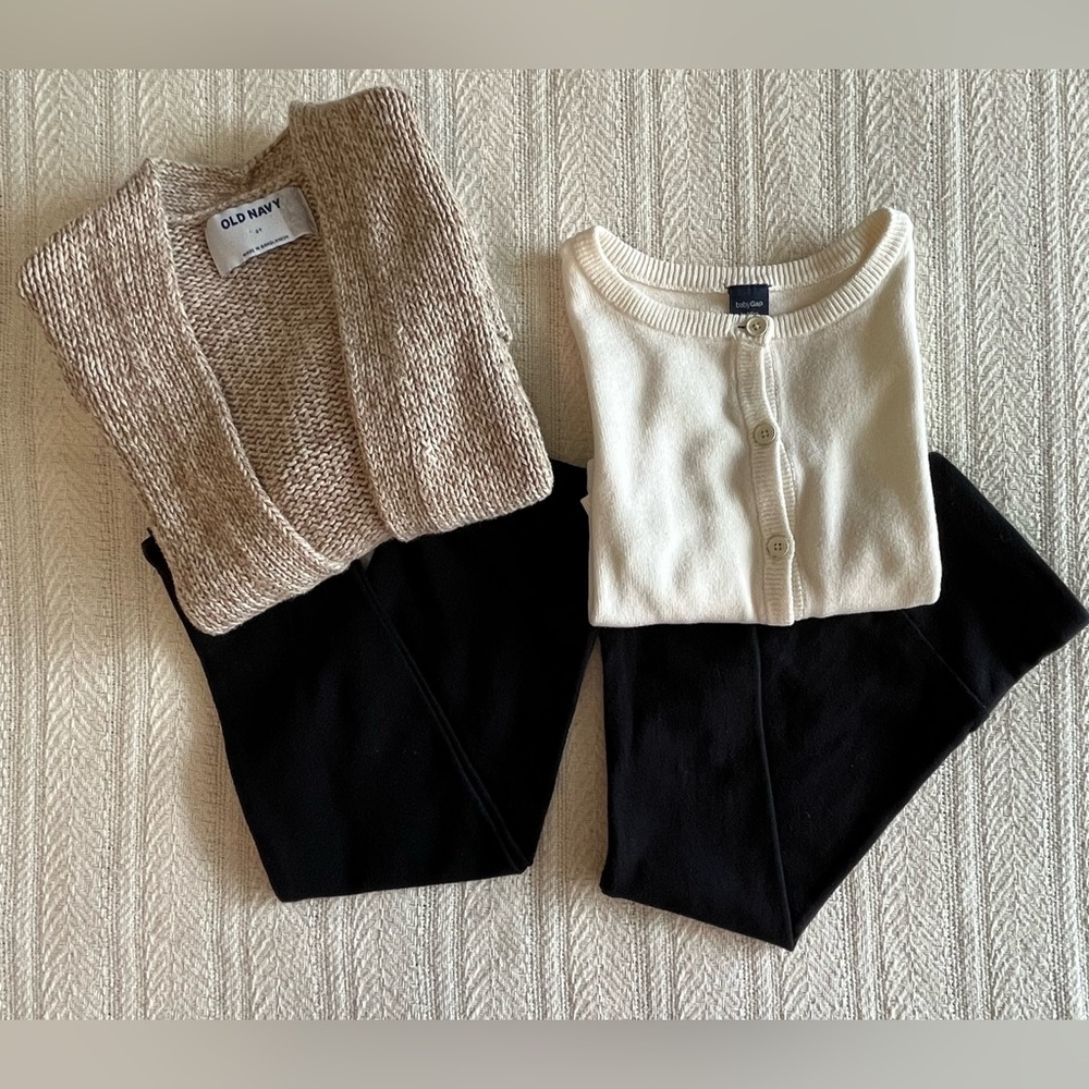 Old Navy Cream Cardigan/White BabyGap Cardigan/2 pairs of black leggings